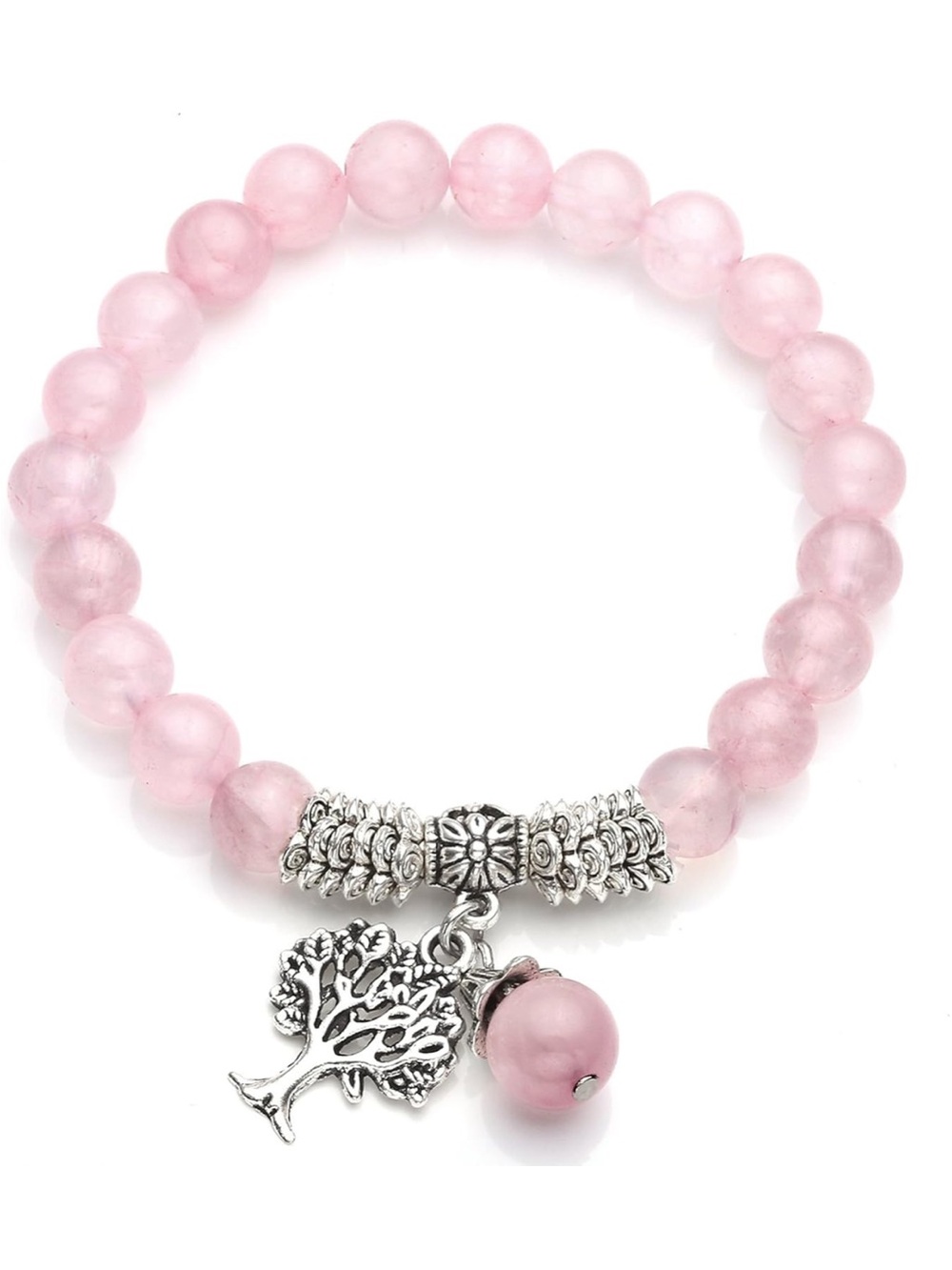 New Anthropologie Rose Quartz Pink Beaded Charm Bracelet with Silver Tree & Bell